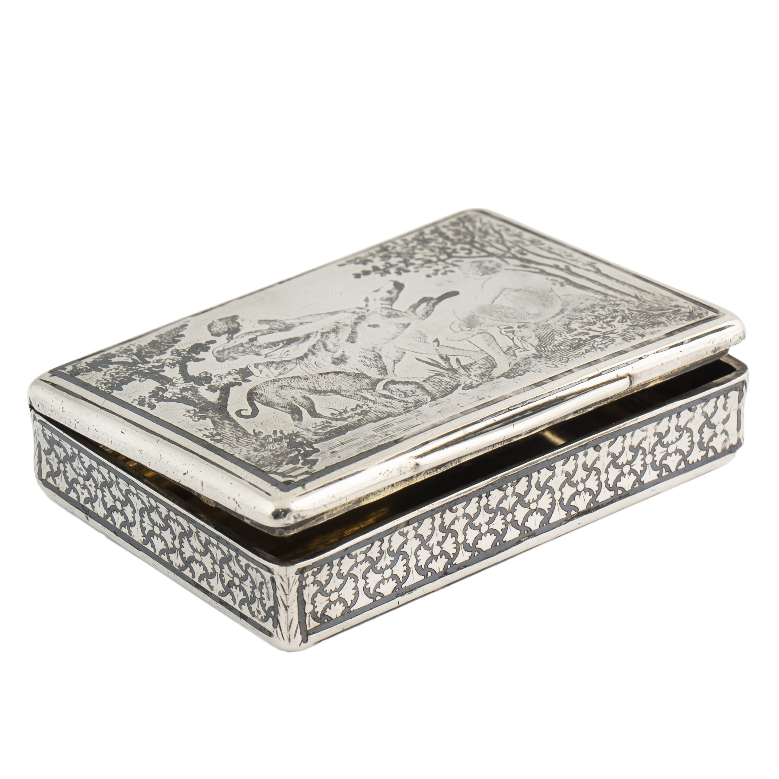 French Silver Niello Snuff Box, Hunting Scene, Early 19th Century